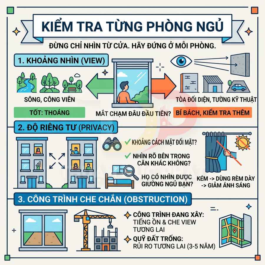 Infographic hướng dẫn kiểm tra phòng ngủ khi mua nhà với các tiêu chí view, độ riêng tư và công trình che chắn