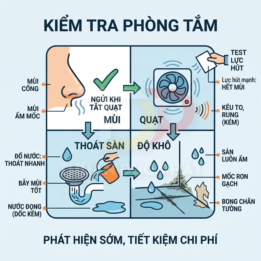 Hướng dẫn kiểm tra phòng tắm với quạt hút mùi, thoát sàn và độ khô để phát hiện ẩm mốc, nước đọng sớm