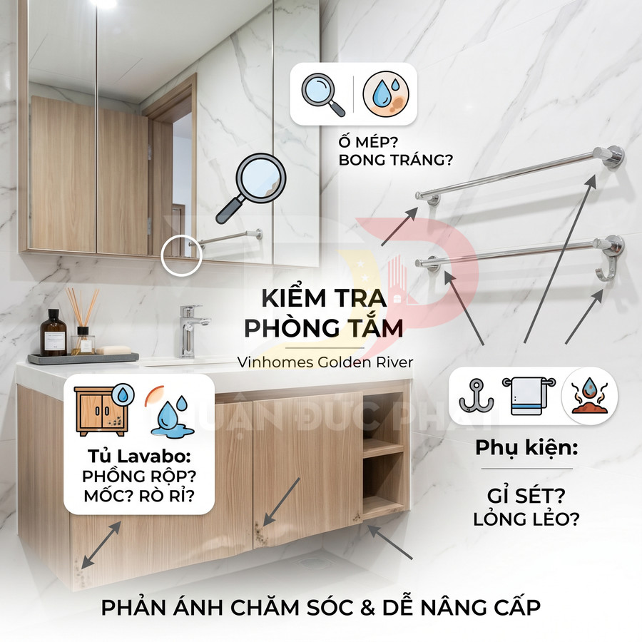 Phòng tắm Vinhomes Golden River với tủ lavabo gỗ, gương lớn và phụ kiện inox cần kiểm tra bong tróc rò rỉ