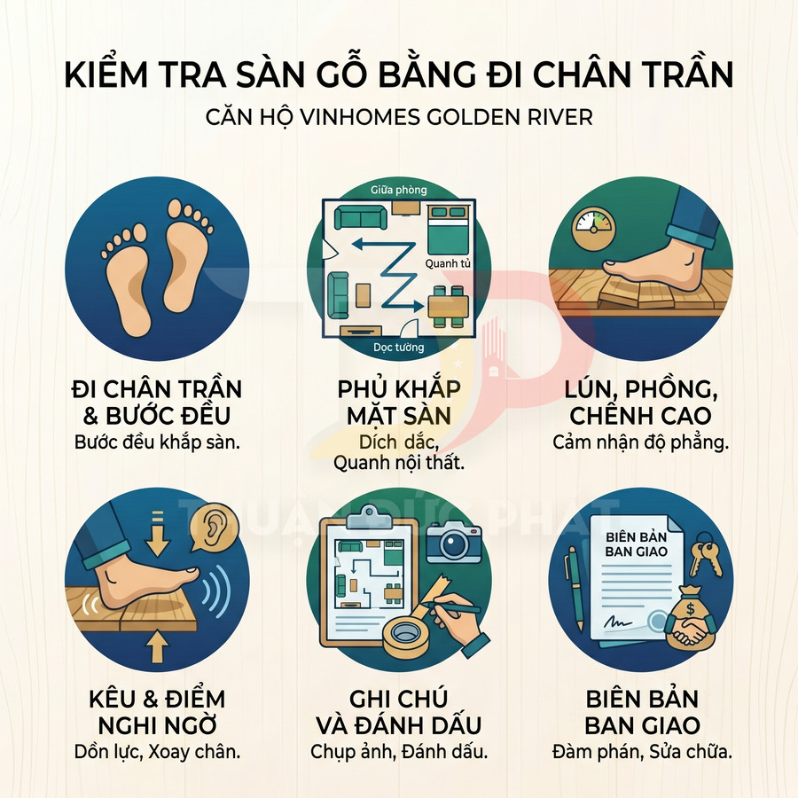Hướng dẫn kiểm tra sàn gỗ căn hộ Vinhomes Golden River bằng cách đi chân trần và ghi chú lỗi