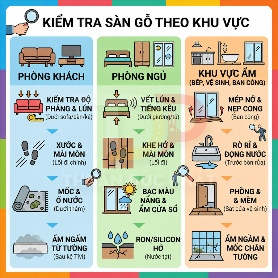Hướng dẫn kiểm tra sàn gỗ phòng khách, phòng ngủ và khu vực ẩm để phát hiện mài mòn, ẩm mốc, cong vênh