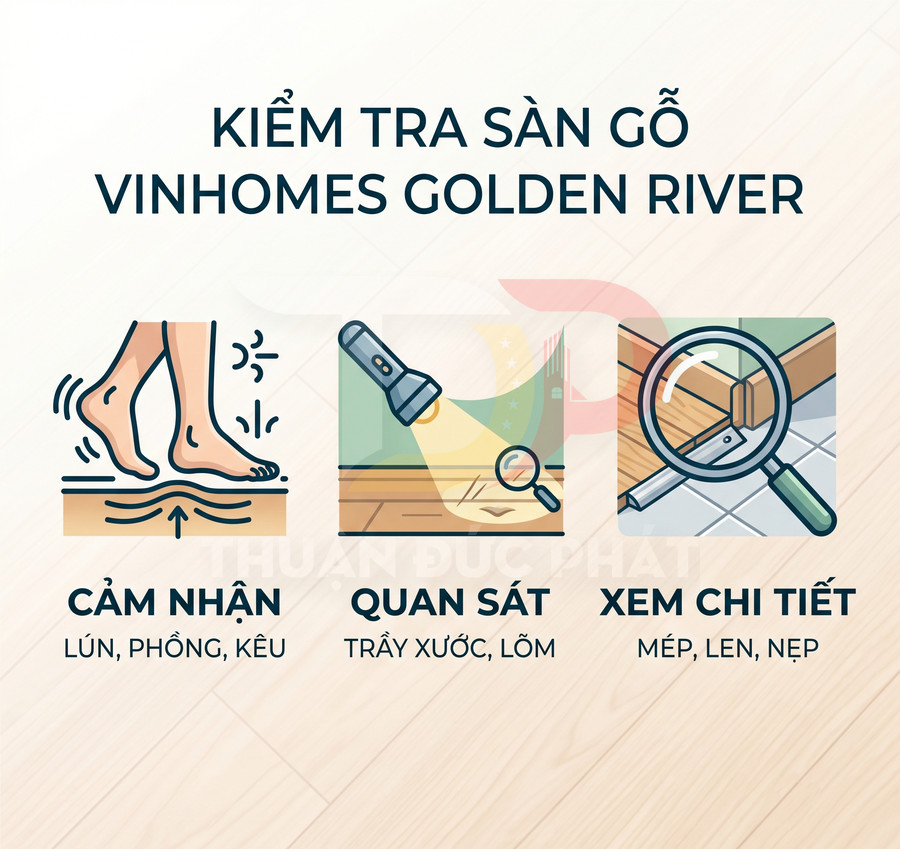 Hướng dẫn kiểm tra sàn gỗ Vinhomes Golden River bằng cảm nhận, quan sát và xem chi tiết mép len nẹp