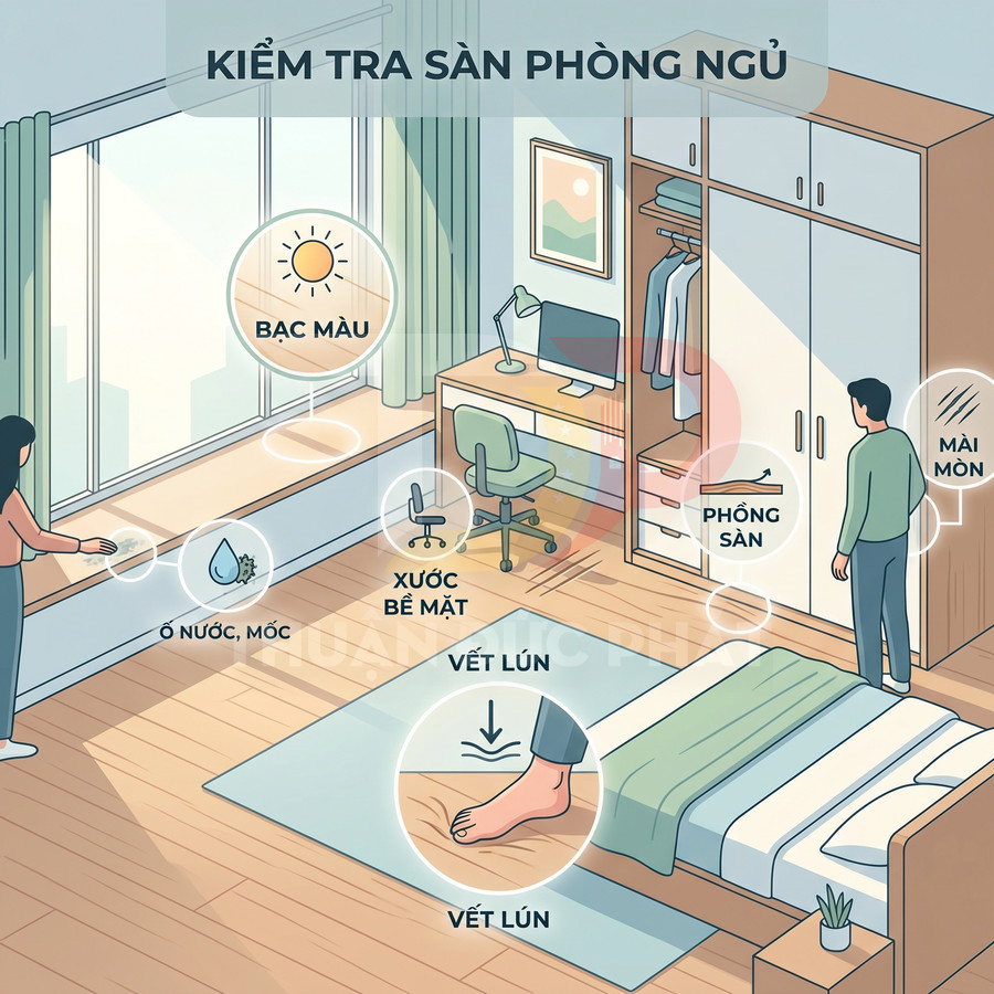 Minh họa kiểm tra sàn gỗ phòng ngủ với các lỗi bạc màu, ố nước mốc, xước bề mặt, vết lún và mài mòn