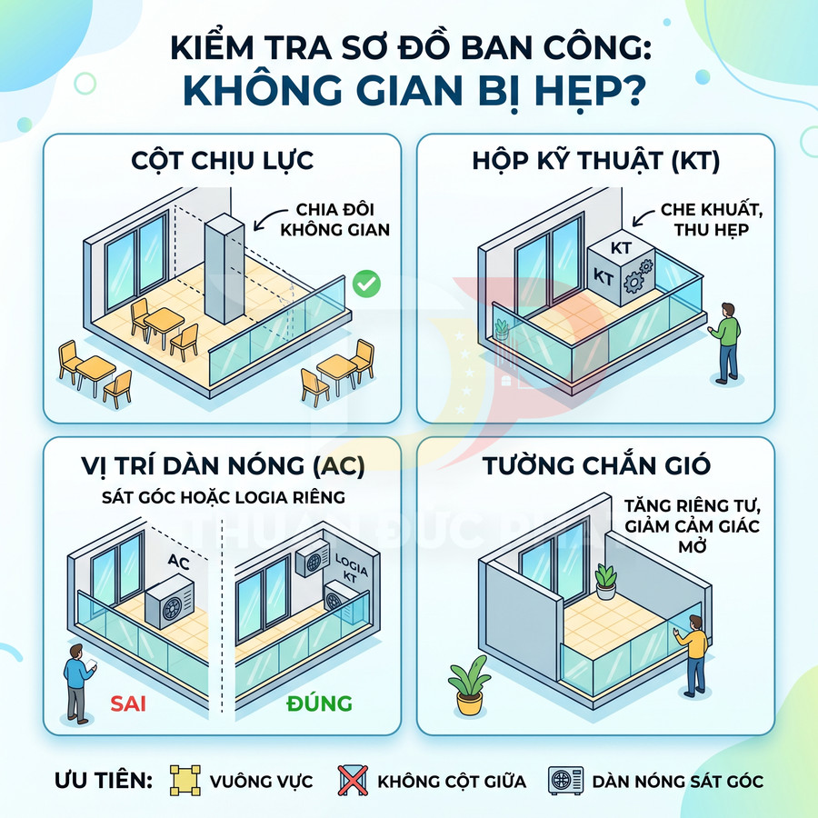 Minh họa các kiểu bố trí ban công chung cư, vị trí cột chịu lực, hộp kỹ thuật, dàn nóng điều hòa và tường chắn gió