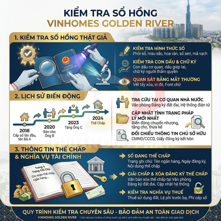 Infographic hướng dẫn kiểm tra sổ hồng dự án Vinhomes Golden River, quy trình xác minh pháp lý và tình trạng thế chấp