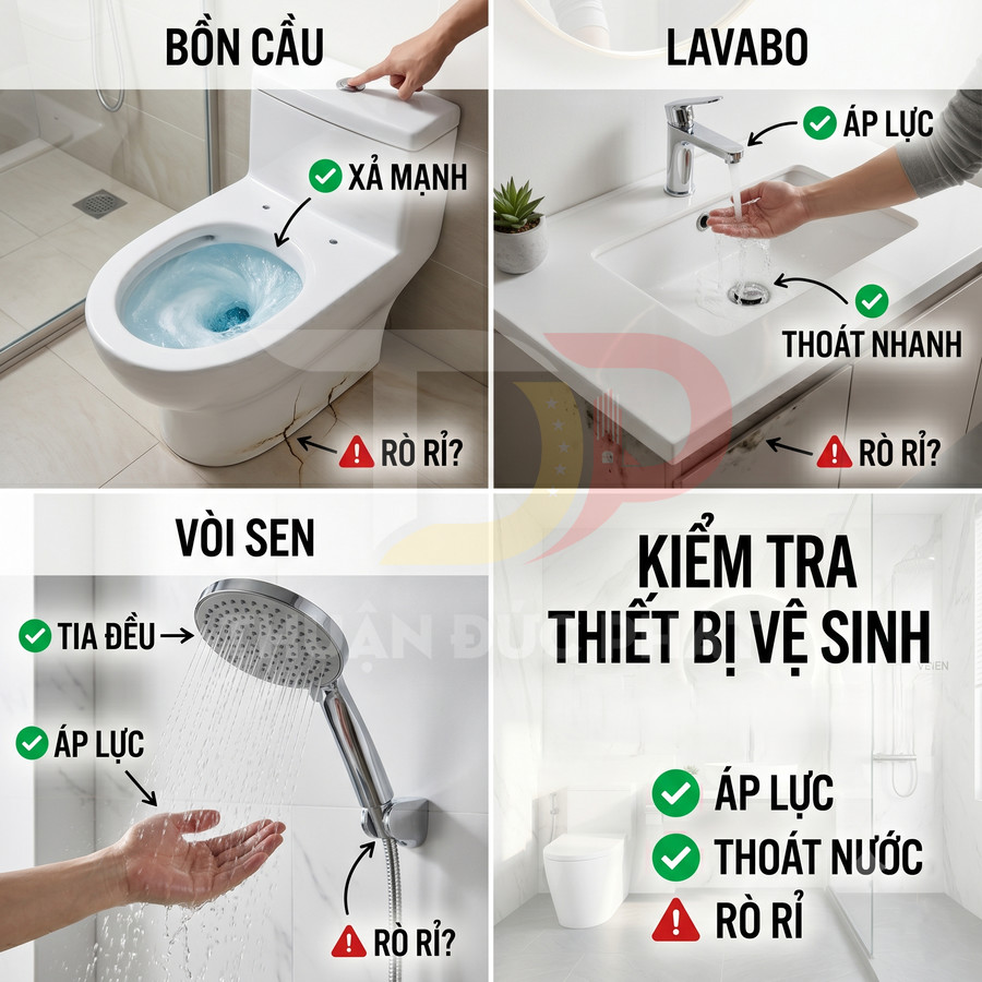 Hướng dẫn kiểm tra bồn cầu, lavabo, vòi sen trong phòng tắm về áp lực nước, thoát nước và rò rỉ