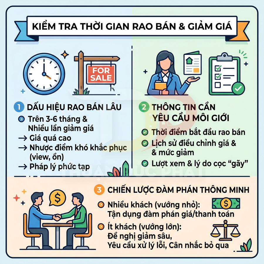 Infographic hướng dẫn kiểm tra thời gian rao bán, giảm giá và chiến lược đàm phán khi mua nhà đất
