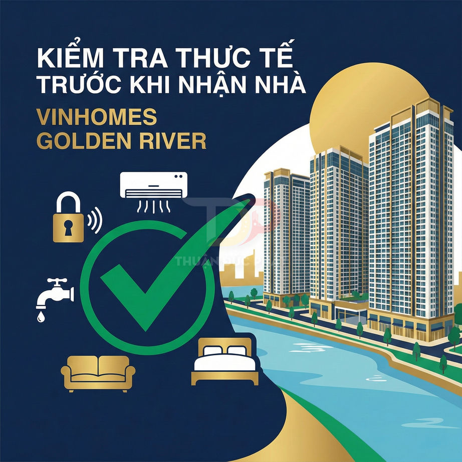 Banner kiểm tra thực tế căn hộ Vinhomes Golden River trước khi nhận nhà với hình minh họa tòa nhà cao tầng