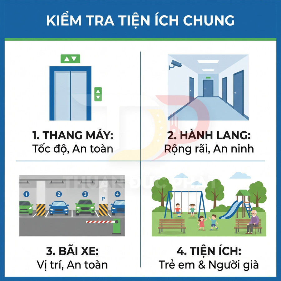 Infographic kiểm tra tiện ích chung chung cư gồm thang máy, hành lang, bãi xe và khu vui chơi trẻ em
