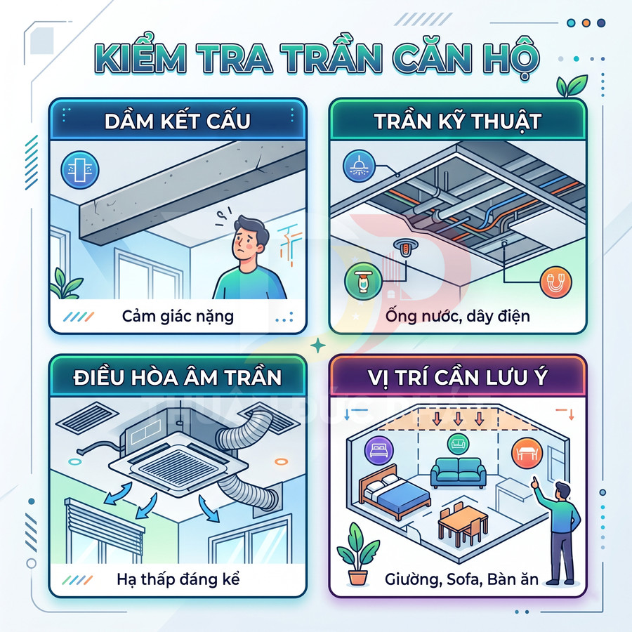 Minh họa kiểm tra trần căn hộ với dầm kết cấu, trần kỹ thuật, điều hòa âm trần và vị trí giường sofa bàn ăn