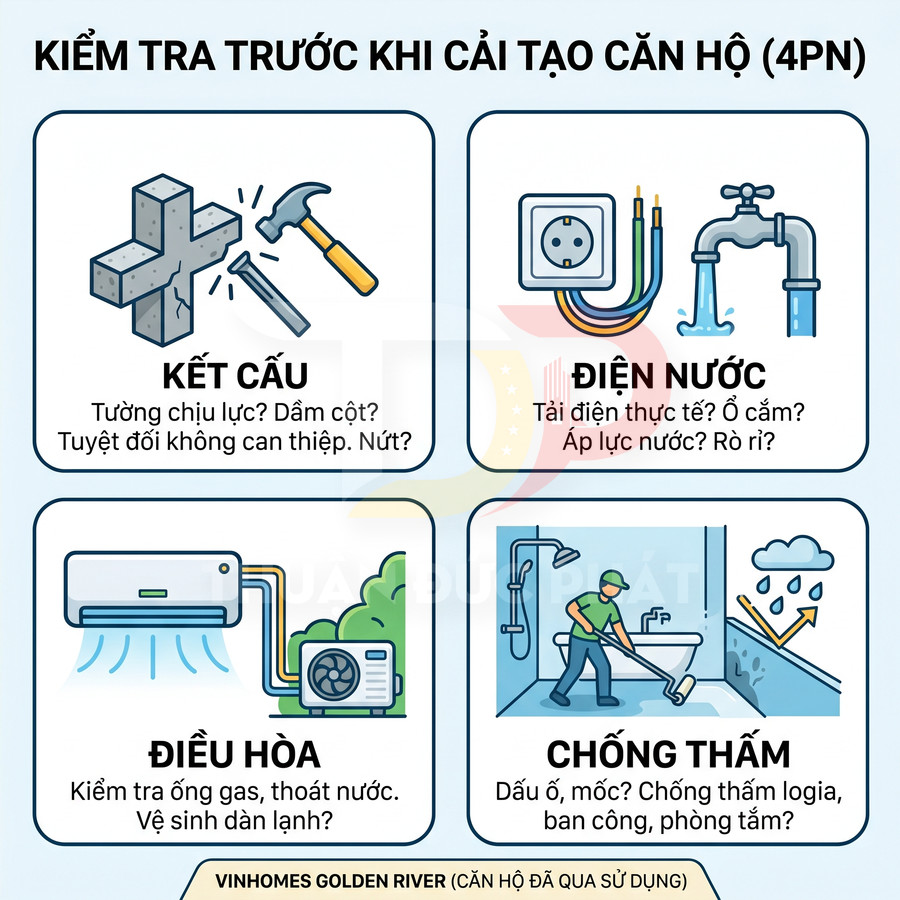 Hướng dẫn kiểm tra kết cấu, điện nước, điều hòa và chống thấm trước khi cải tạo căn hộ 4 phòng ngủ