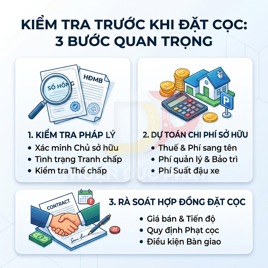 Infographic 3 bước quan trọng cần kiểm tra trước khi đặt cọc mua bất động sản, pháp lý chi phí và hợp đồng