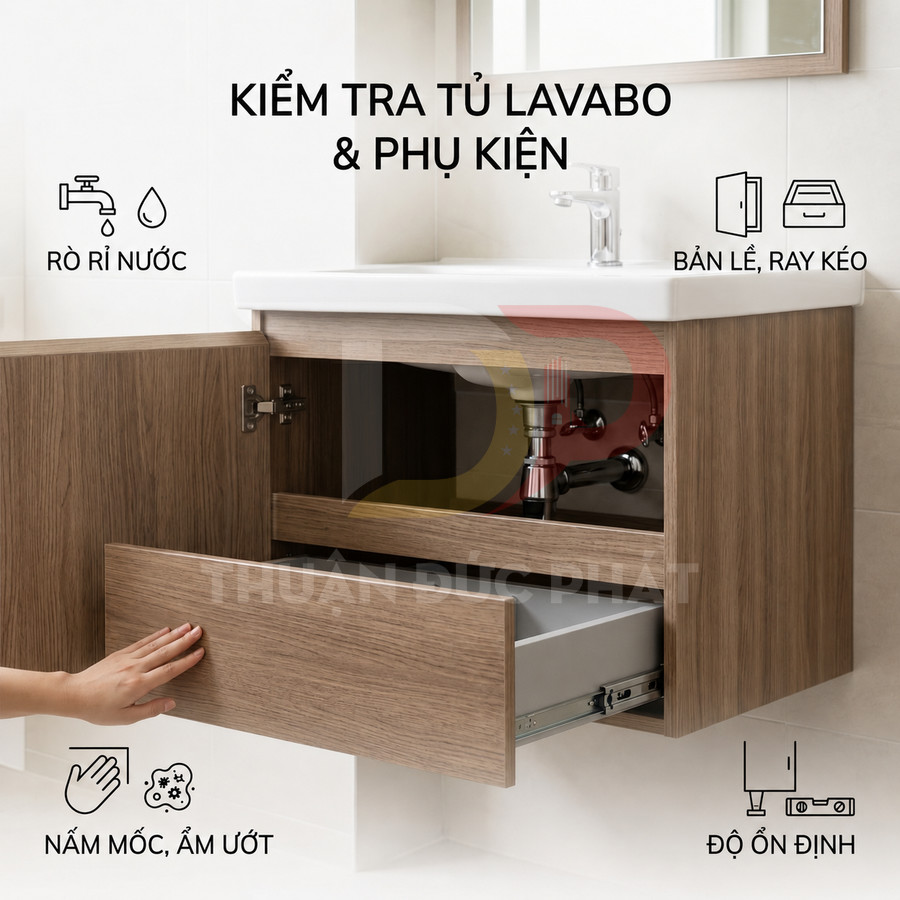 Tủ lavabo gỗ treo tường có ngăn kéo và cánh mở, lộ hệ thống ống nước và phụ kiện bên trong