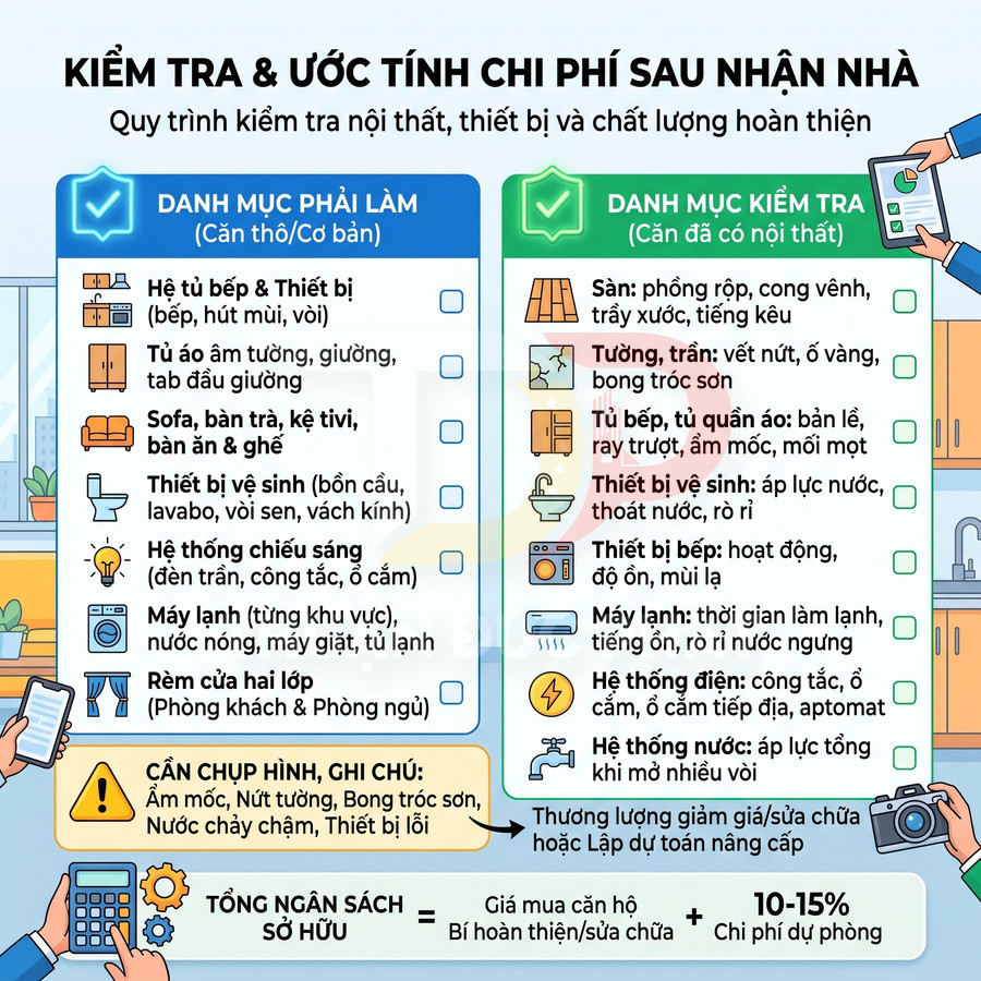 Infographic kiểm tra nội thất và ước tính chi phí sửa chữa sau khi nhận căn hộ mới