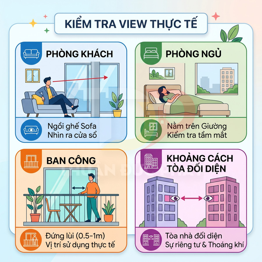 Hướng dẫn kiểm tra view thực tế căn hộ từ phòng khách, phòng ngủ, ban công và khoảng cách tòa nhà đối diện
