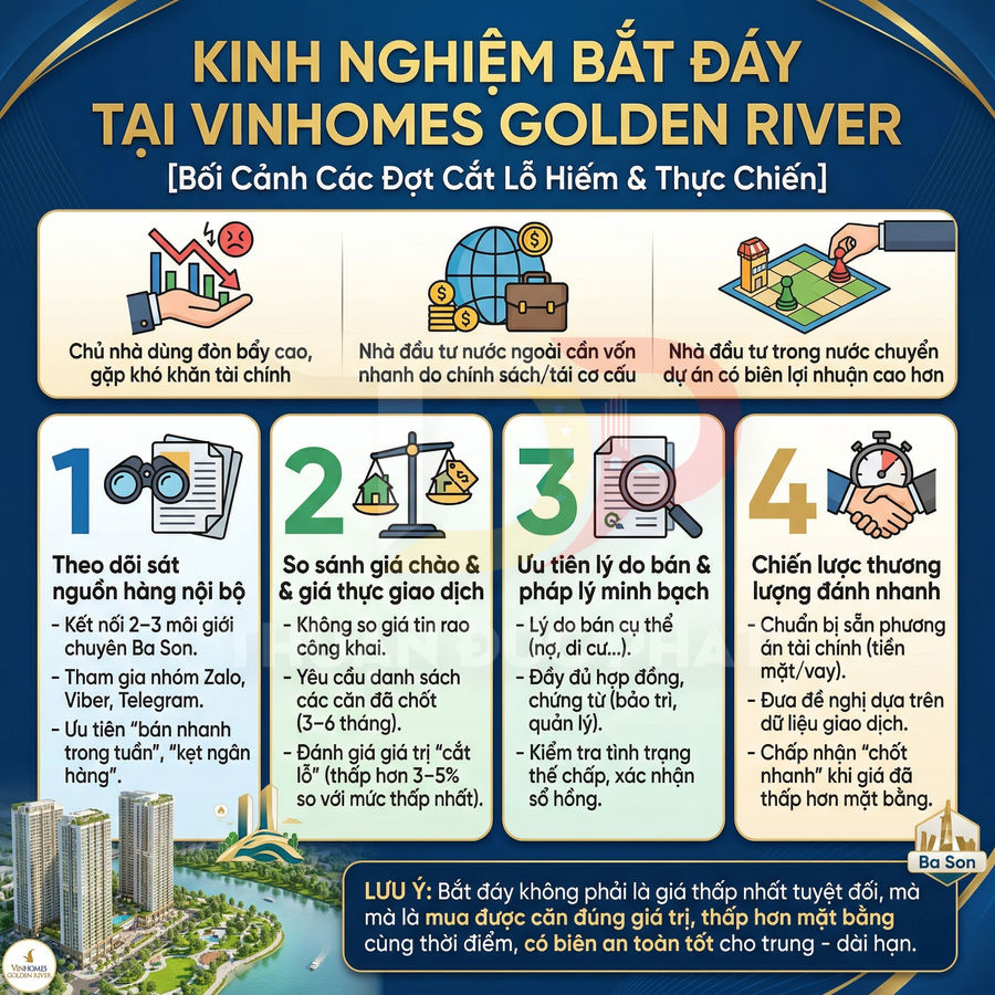 Infographic kinh nghiệm bắt đáy bất động sản tại Vinhomes Golden River với 4 bước và hình minh họa tòa nhà ven sông