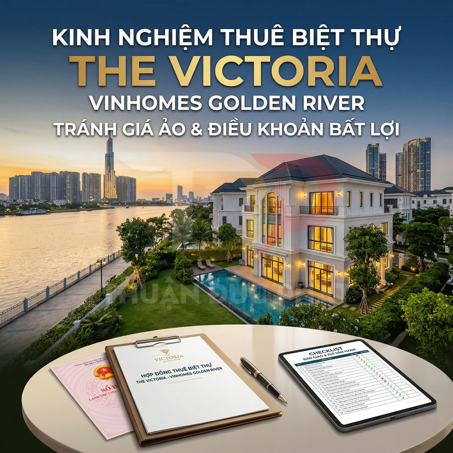 Biệt thự The Victoria Vinhomes Golden River bên sông với hồ bơi, hợp đồng thuê và checklist trên bàn