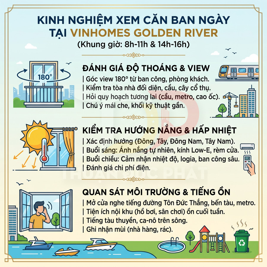 Infographic kinh nghiệm xem căn hộ ban ngày tại Vinhomes Golden River với các bước đánh giá view, hướng nắng và môi trường