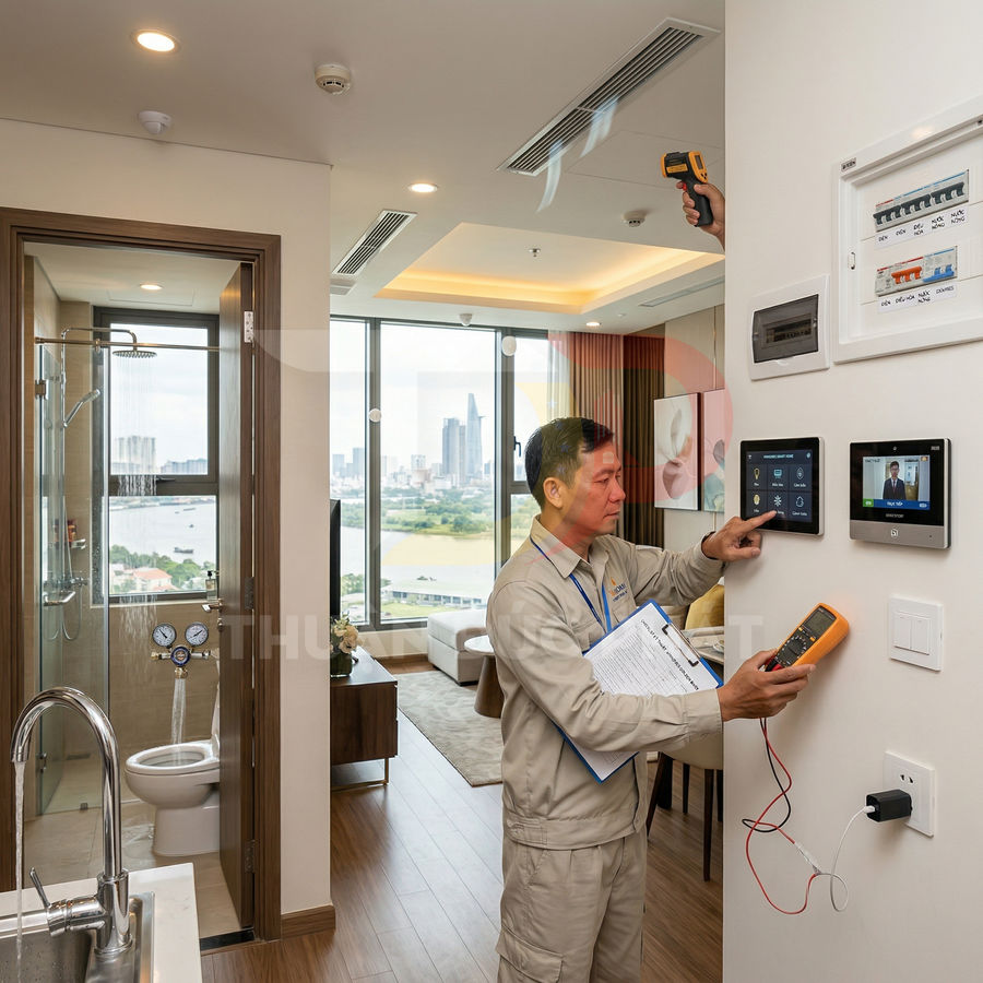 Kỹ thuật viên kiểm tra và cài đặt hệ thống nhà thông minh trên bảng điều khiển cảm ứng trong căn hộ hiện đại