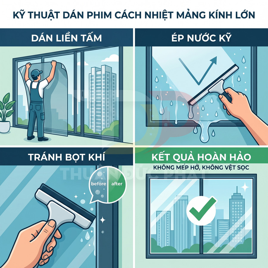 Hướng dẫn dán phim cách nhiệt cho cửa kính lớn, ép nước kỹ tránh bọt khí cho bề mặt kính phẳng đẹp