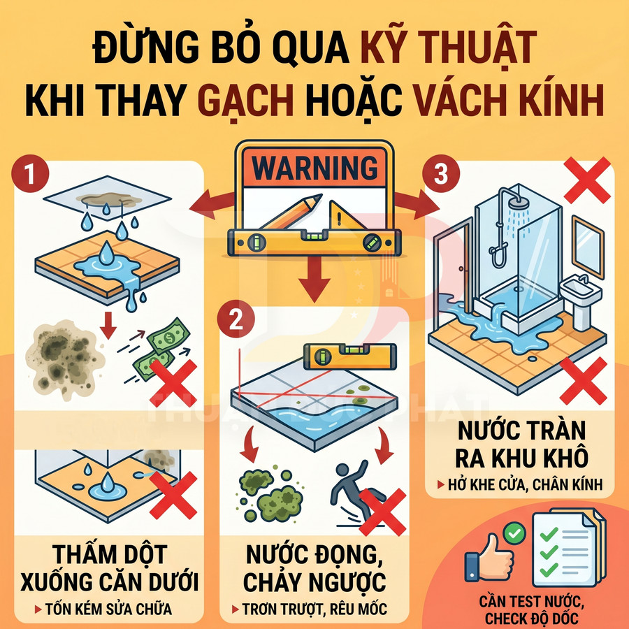 Hướng dẫn kỹ thuật lát gạch và lắp vách kính phòng tắm để tránh thấm dột, đọng nước và nước tràn ra khu khô