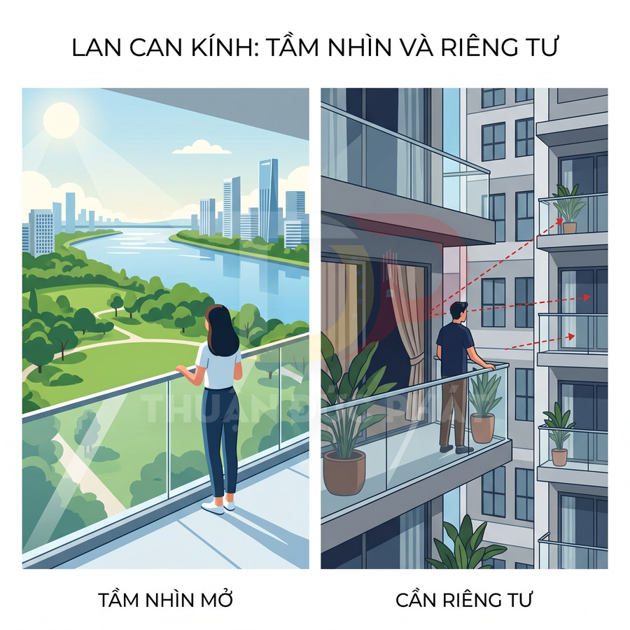Lan can kính ban công chung cư, một bên cho tầm nhìn rộng ra công viên sông, một bên thể hiện vấn đề thiếu riêng tư