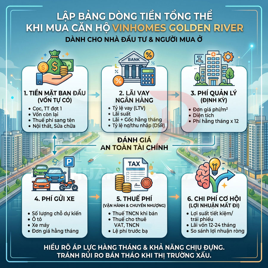 Infographic lập bảng dòng tiền tổng thể khi mua căn hộ Vinhomes Golden River và các loại chi phí liên quan