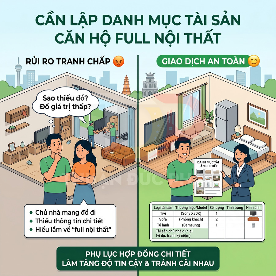 Minh họa căn hộ cho thuê full nội thất với danh mục tài sản chi tiết giúp giao dịch an toàn, tránh tranh chấp