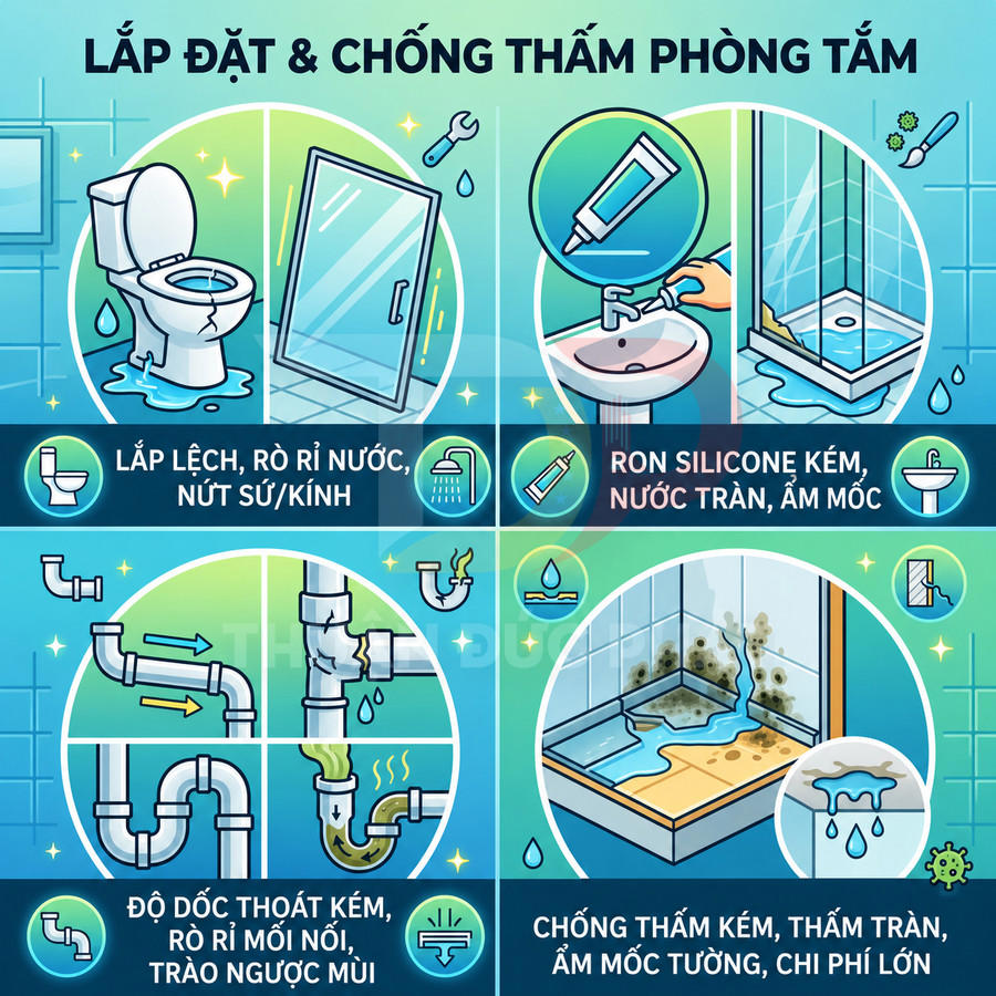 Minh họa các lỗi lắp đặt và chống thấm phòng tắm gây rò rỉ nước, ẩm mốc, tắc nghẽn đường ống