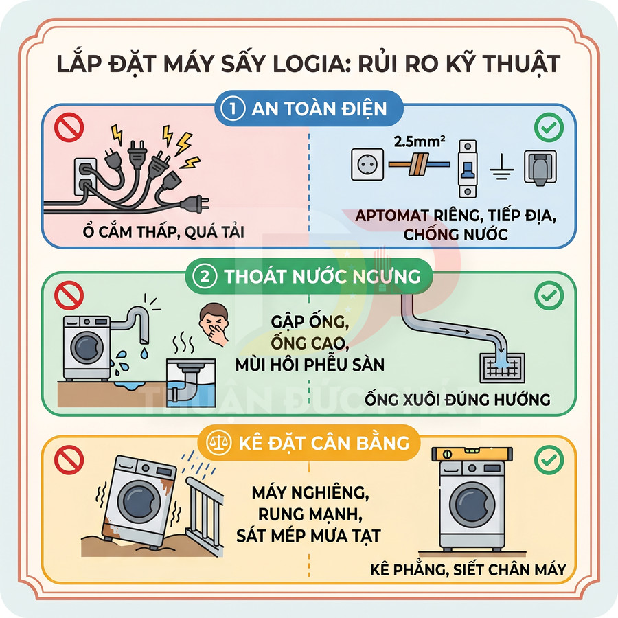 Hướng dẫn lắp đặt máy sấy logia an toàn, thoát nước đúng cách và kê đặt cân bằng tránh rung lắc