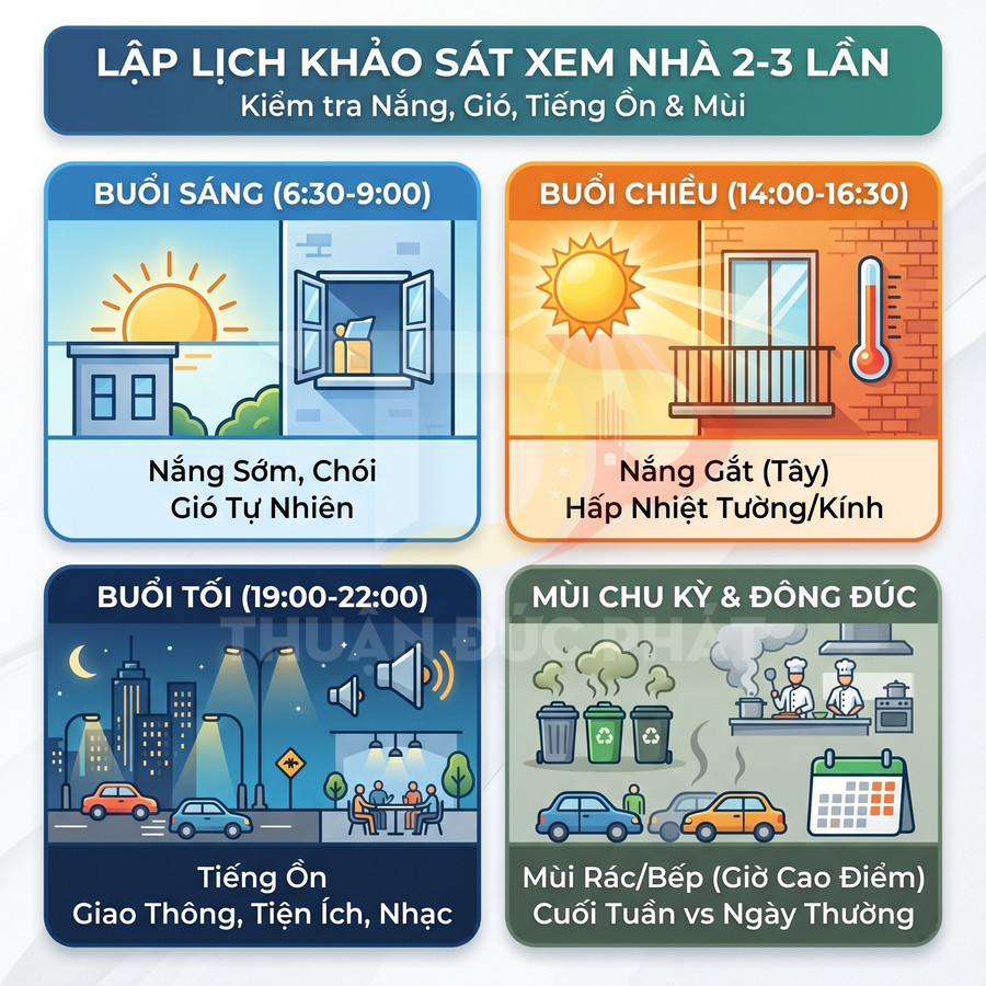 Infographic hướng dẫn lập lịch khảo sát xem nhà nhiều khung giờ để kiểm tra nắng gió tiếng ồn và mùi xung quanh