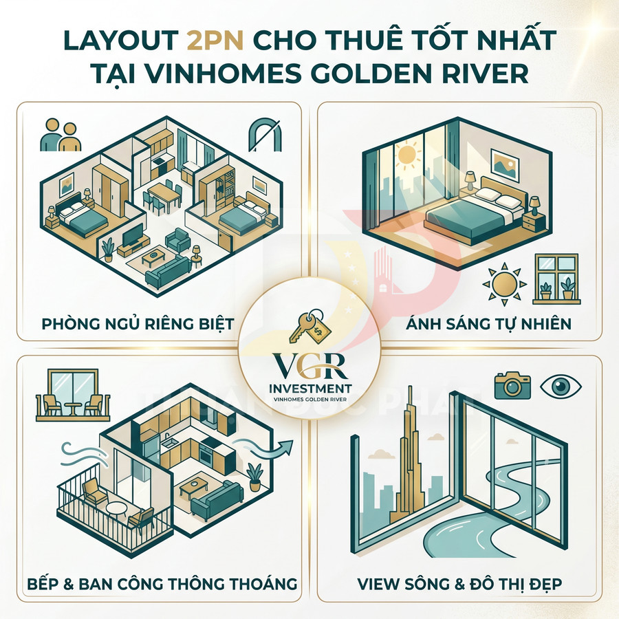 Thiết kế căn hộ 2 phòng ngủ cho thuê tại Vinhomes Golden River với phòng riêng, bếp ban công thoáng và view sông đô thị