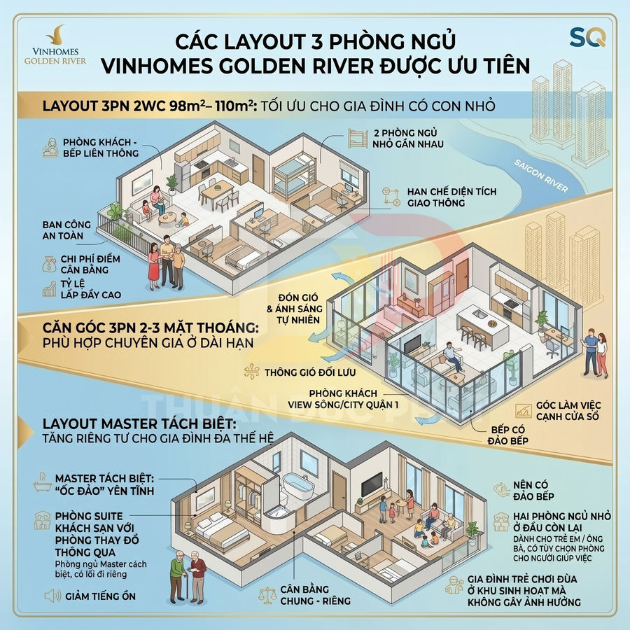 Mặt bằng căn hộ 3 phòng ngủ Vinhomes Golden River với các layout tối ưu cho gia đình và chuyên gia
