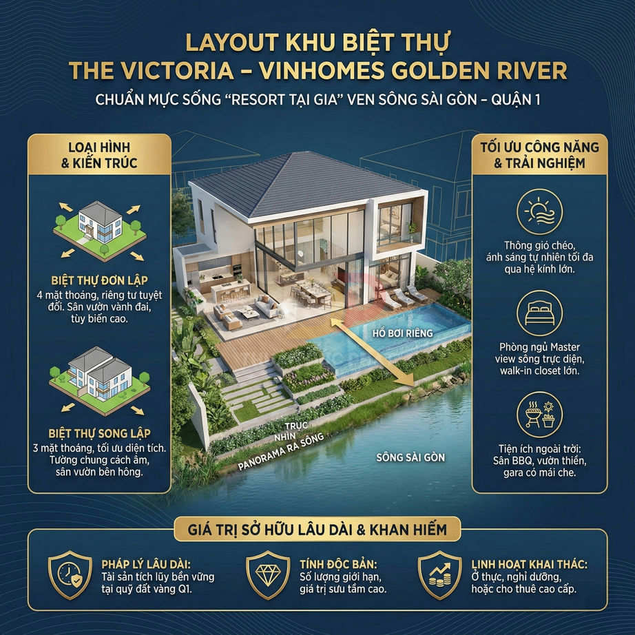 Layout khu biệt thự The Victoria Vinhomes Golden River ven sông Sài Gòn với hồ bơi riêng và sân vườn cao cấp
