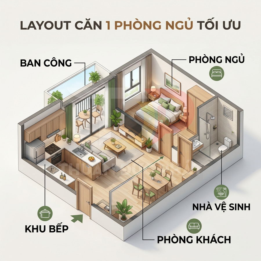 Layout căn hộ 1 phòng ngủ tối ưu với phòng khách, bếp, ban công và nhà vệ sinh hiện đại