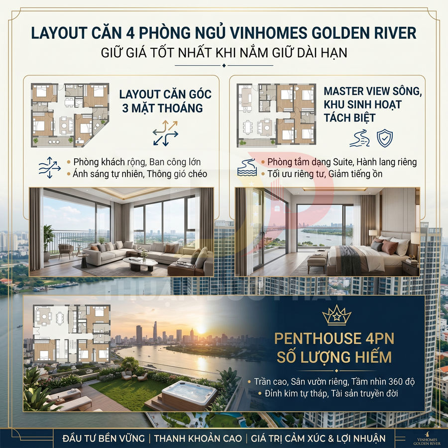 Layout căn hộ 4 phòng ngủ Vinhomes Golden River với phòng khách rộng, ban công lớn và penthouse view sông