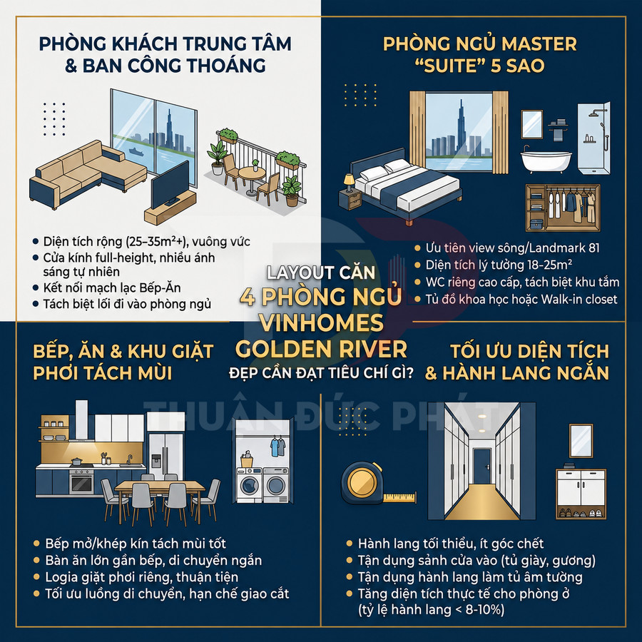 Infographic bố trí căn hộ 4 phòng ngủ Vinhomes Golden River với phòng khách, bếp, phòng ngủ master và hành lang tối ưu diện tích