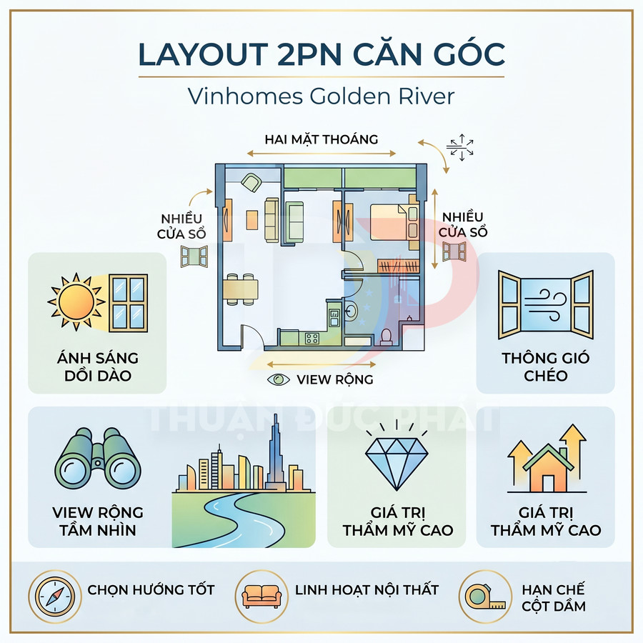 Layout căn hộ góc 2 phòng ngủ Vinhomes Golden River với nhiều cửa sổ, thông gió và view rộng