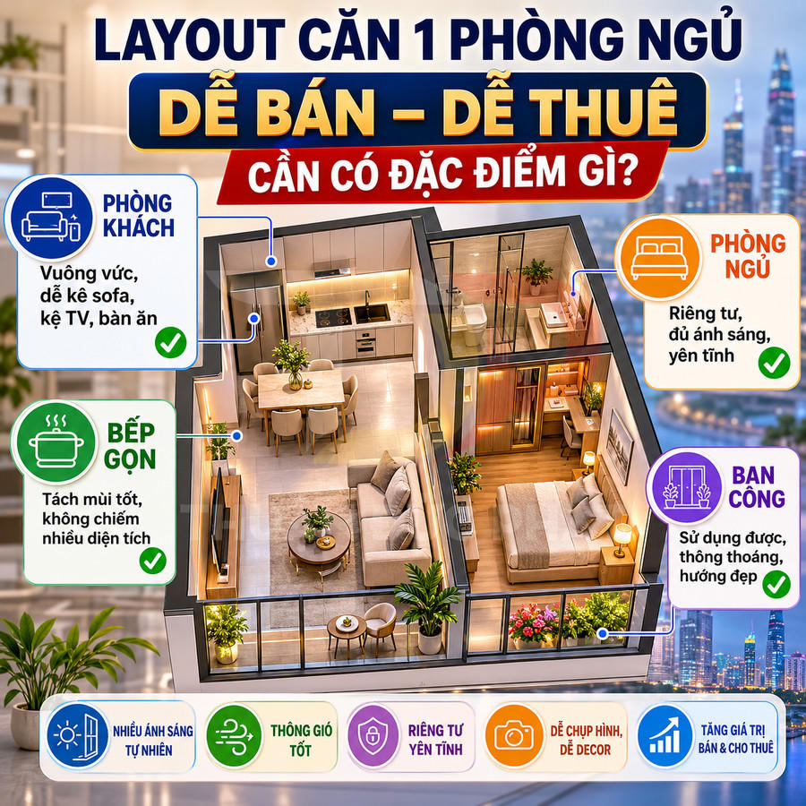 Layout căn hộ 1 phòng ngủ hiện đại với phòng khách, bếp gọn, ban công thoáng và phòng ngủ riêng tư