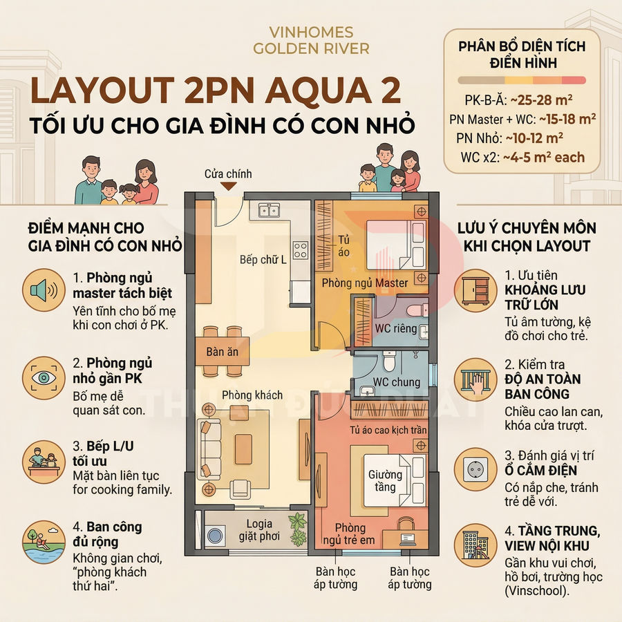 Mặt bằng căn hộ Vinhomes Golden River Aqua 2, layout 2 phòng ngủ tối ưu cho gia đình có con nhỏ