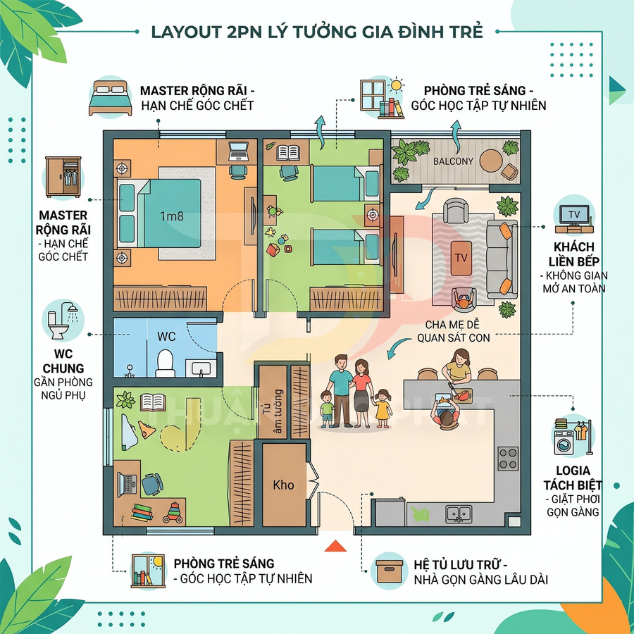 Mặt bằng căn hộ 2 phòng ngủ cho gia đình trẻ với phòng khách liền bếp và logia riêng biệt