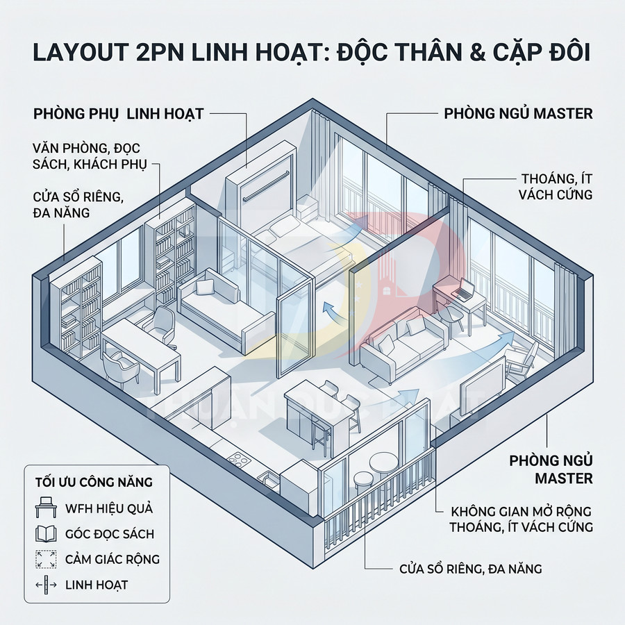 Layout căn hộ 2 phòng ngủ linh hoạt cho độc thân và cặp đôi với phòng làm việc, phòng ngủ master và không gian mở thoáng