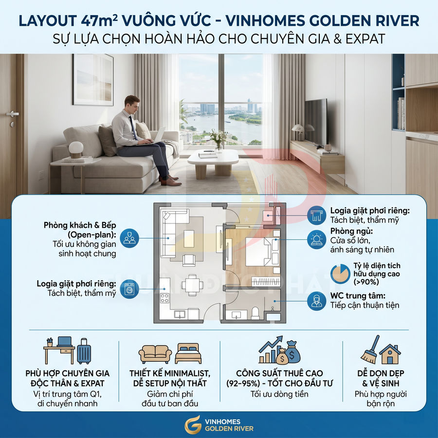 Căn hộ 47m2 Vinhomes Golden River thiết kế vuông vức, nội thất tối giản, phù hợp chuyên gia và expat, tối ưu cho thuê