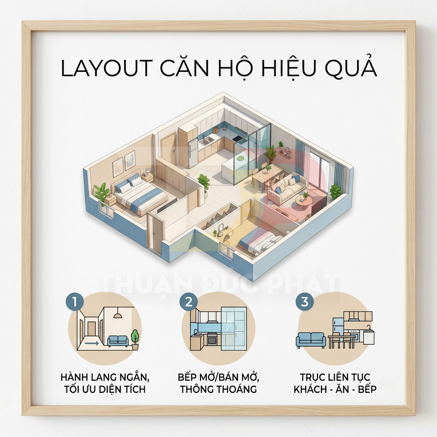 Bản vẽ 3D layout căn hộ hiệu quả với 2 phòng ngủ, bếp mở và phòng khách liền kề tối ưu diện tích