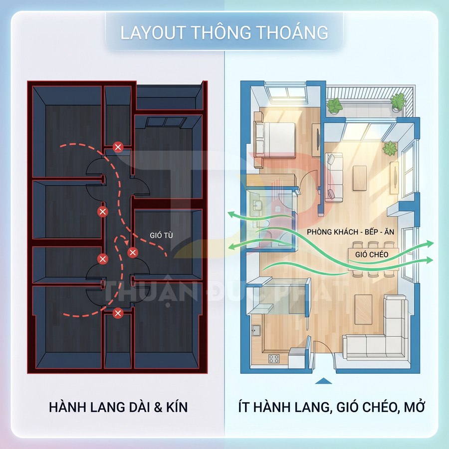 So sánh mặt bằng căn hộ hành lang kín và căn hộ ít hành lang, phòng khách bếp ăn thông gió chéo