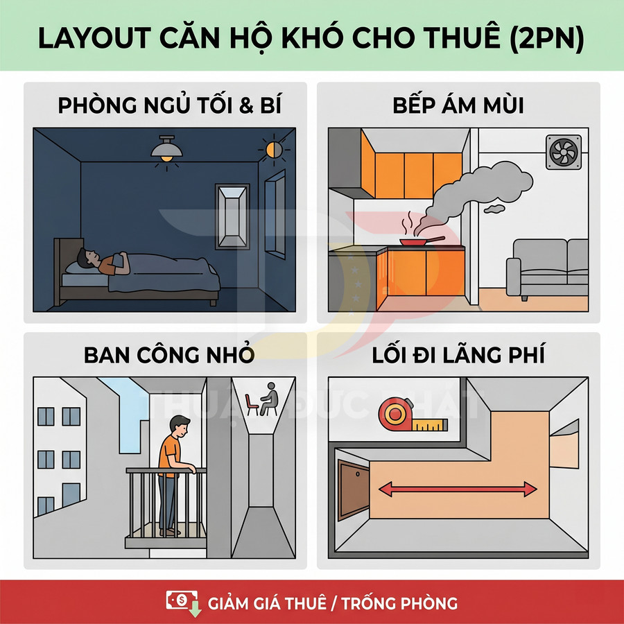 Minh họa layout căn hộ 2 phòng ngủ khó cho thuê với phòng tối, bếp ám mùi, ban công nhỏ và lối đi lãng phí diện tích