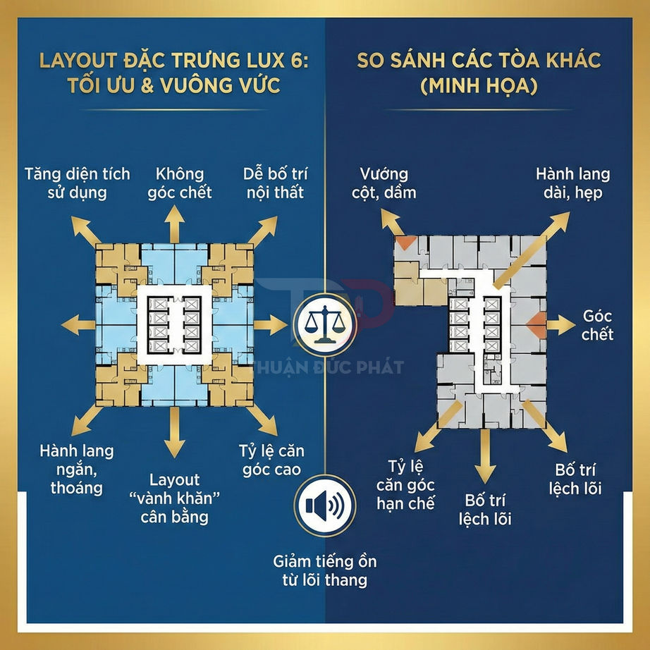 So sánh layout tòa nhà Lux 6 vuông vức tối ưu với mặt bằng các tòa khác nhiều góc chết, hành lang dài hẹp