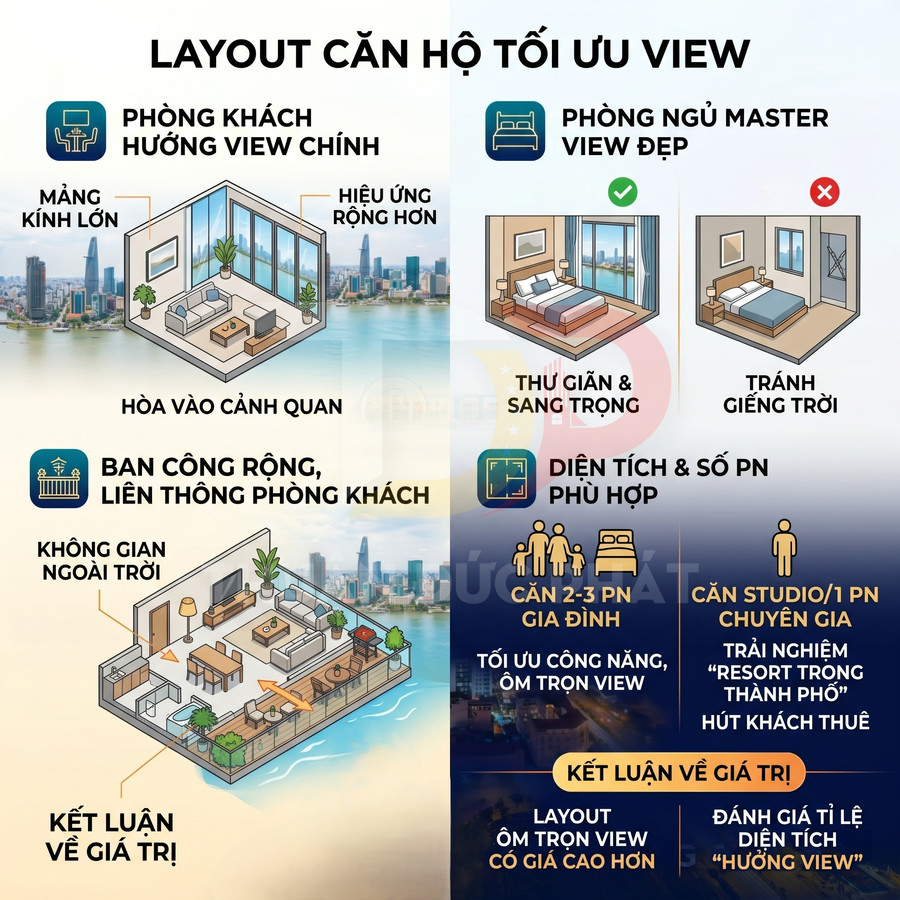 Infographic layout căn hộ tối ưu view với phòng khách, ban công rộng và phòng ngủ master hướng ra cảnh quan thành phố