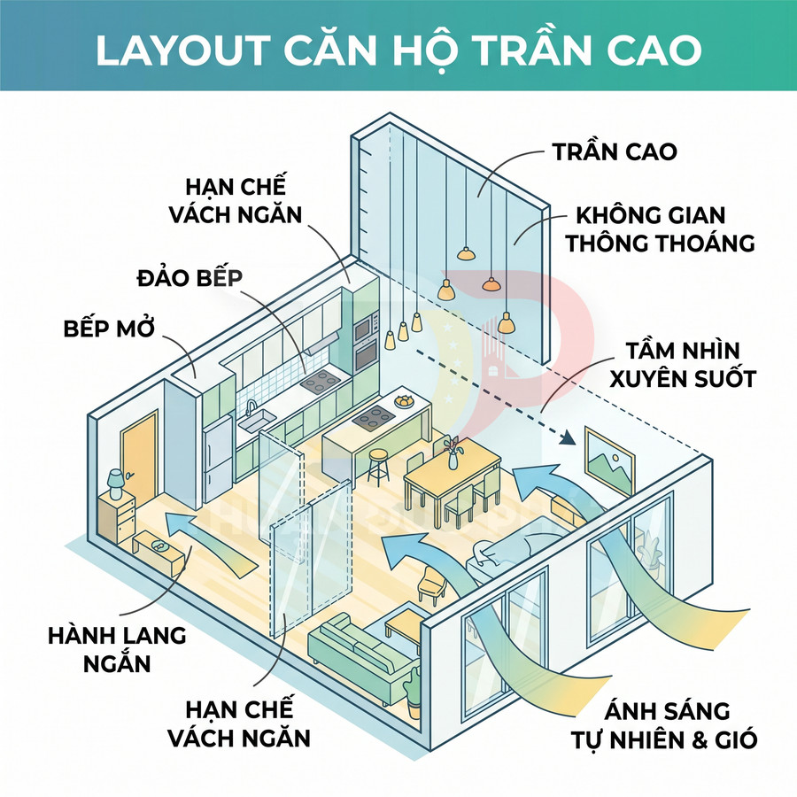 Mô phỏng layout căn hộ trần cao với bếp mở, đảo bếp, ít vách ngăn, nhiều cửa kính đón sáng tự nhiên