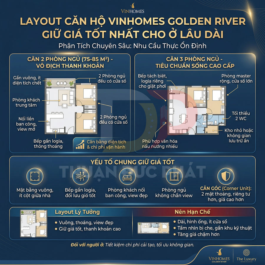 Infographic layout căn hộ Vinhomes Golden River 2 và 3 phòng ngủ, phân tích yếu tố giữ giá tốt khi ở lâu dài